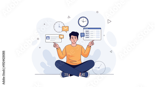 Man balancing tasks with clocks, time management concept illustration