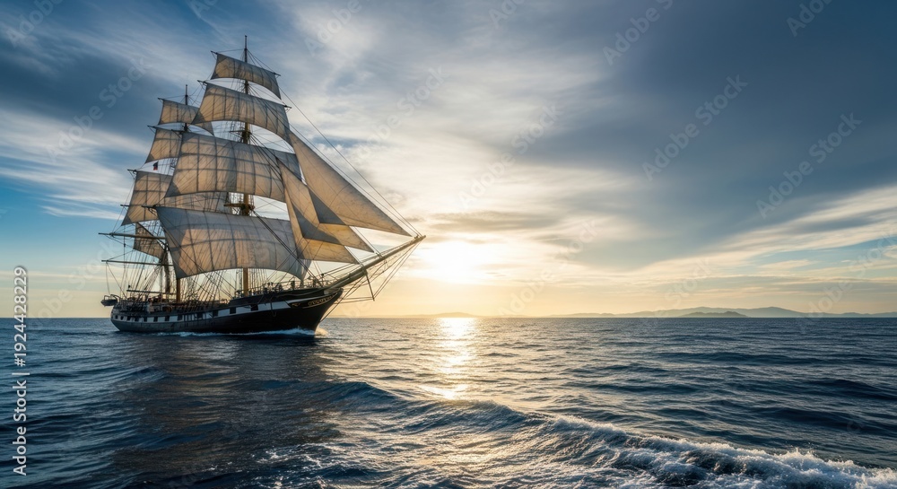Obraz premium Sailing ship on ocean with sails catching sunlight at sunset or sunrise