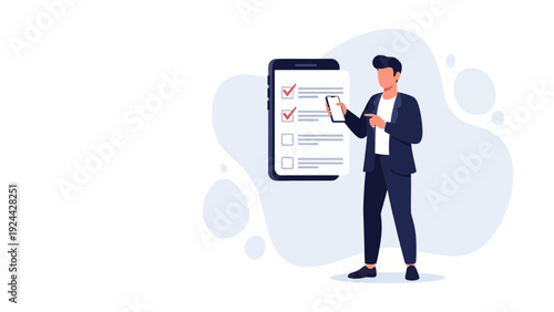 Man checking off tasks on a mobile phone, to-do list app concept