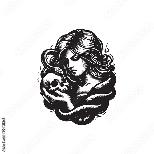 Black and white illustration of a woman holding a skull with a snake wrapped around her, set against a clean white background with a dark, mystical mood.