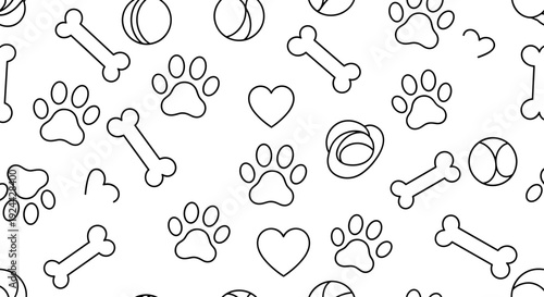 Seamless Pattern With Dog Paw Prints Bones Hearts and Balls