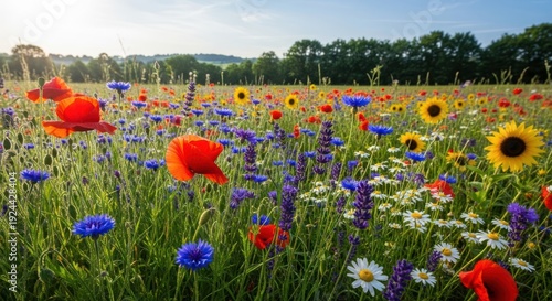 Vibrant wildflower meadow with red poppies sunflowers and blue cornflowers