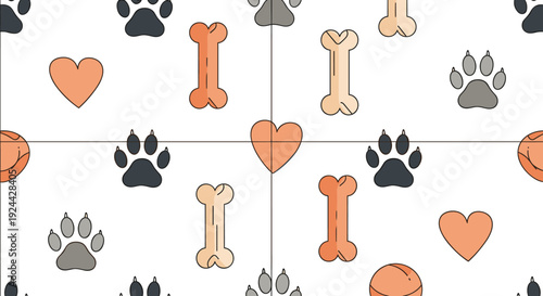 Cute Dog Themed Seamless Pattern with Bones Paws and Hearts