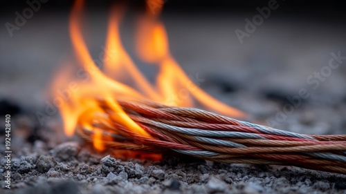 Burning electrical cables on gravel with intense flames