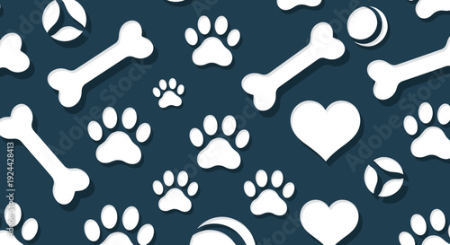 Seamless Pattern of Dog Icons and Bones on Dark Blue Background