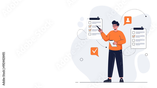 Man checking tasks on clipboard, planning, checklist, business concept illustration