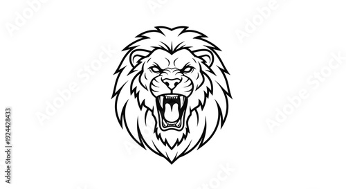 Fierce Lion Head With Open Mouth and Sharp Teeth Black and White