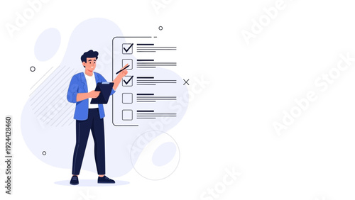 Man checking tasks on a checklist clipboard, planning and organization concept