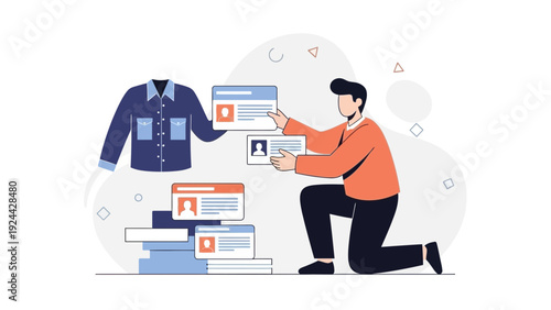 Man choosing clothing items from digital profile cards for avatar or virtual fashion