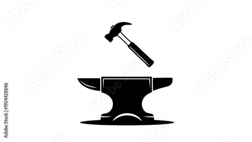 Vector illustration of blacksmith anvil and hammer icon silhouette tool for forging metalwork on a transparent background