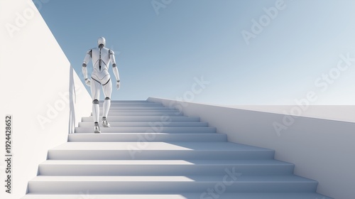 Humanoid Robot Facing Stairway of Light for AI Transformation and Growth