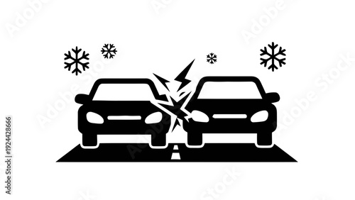 Vector illustration of two cars colliding on icy road with snowflakes icon on a transparent background