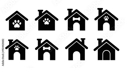 Collection of Black Dog House Icons with Paw Prints and Bones