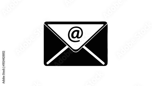Vector illustration of black and white icon of an envelope with an at symbol inside, representing email or contact on a transparent background