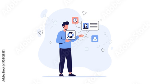 Man Interacting with Digital Data and User Profiles