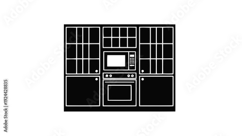 Vector illustration of kitchen cabinetry with builtin microwave and oven unit on a transparent background