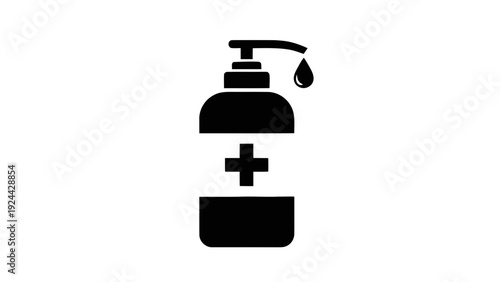 Vector illustration of black icon of hand sanitizer bottle with pump and cross symbol on a transparent background