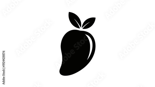 Vector illustration of black silhouette of a mango with leaves on top on a transparent background