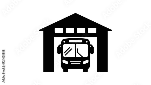 Vector illustration of black silhouette of a bus exiting a garage or depot on a transparent background