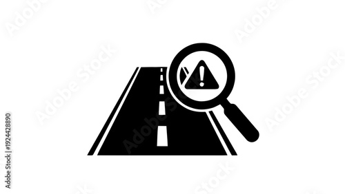 Vector illustration of black road sign with magnifying glass on for warning or inspection on a transparent background