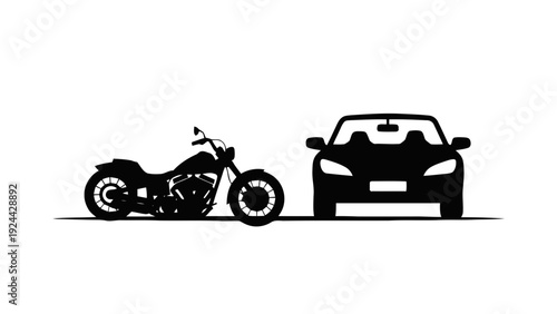 Vector illustration of black silhouettes of a motorcycle and a car on on a transparent background
