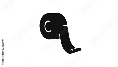 Vector illustration of black and white icon of a roll of tape with a piece unrolled on a transparent background