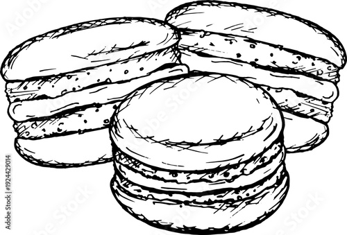 Black and white illustration of three macarons, drawn in a detailed sketch style. Ideal for confectionery, bakery branding, menu design, Valentine s Day or festive decorations. Perfect for card, label