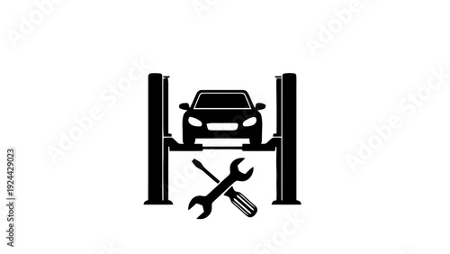 Vector illustration of car repair service icon with lift and tools on on a transparent background