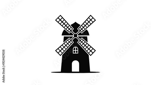 Vector illustration of simple black silhouette icon of a windmill on a transparent background