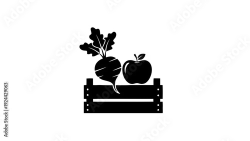 Vector illustration of black and white icon of fresh beetroot and apple in a wooden crate on a transparent background