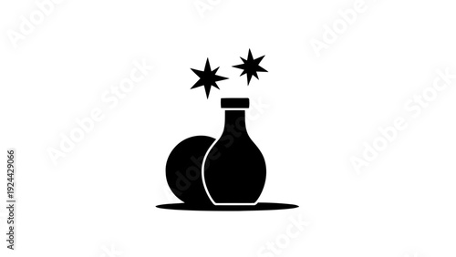 Vector illustration of black silhouette of a potion bottle with sparkles and a second object on a transparent background