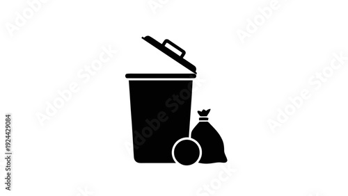 Vector illustration of black silhouette icon of trash can with open lid, garbage bag, and circle on a transparent background