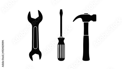 Vector illustration of set of three tools wrench, screwdriver, and hammer icons on a transparent background