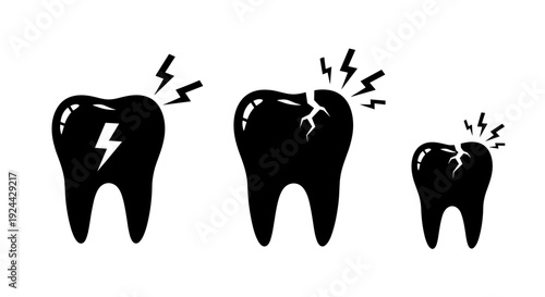 Set of Black Silhouette Teeth Showing Damage and Pain
