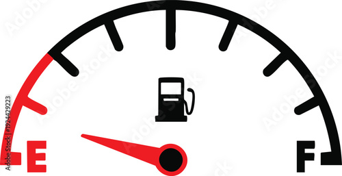 Fuel gauge indicator showing empty tank concept of low fuel or running out of gas isolated on white background