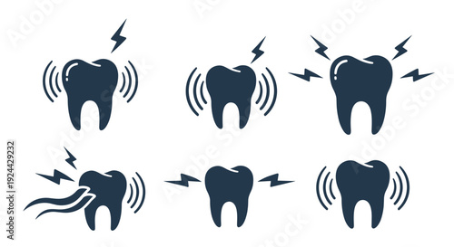 Set Of Six Toothache Icons With Lightning Bolts And Sound Waves