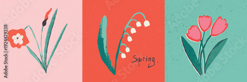 Naive floral triptych with tulip lily of the valley and narcissus in red and turquoise with grunge texture