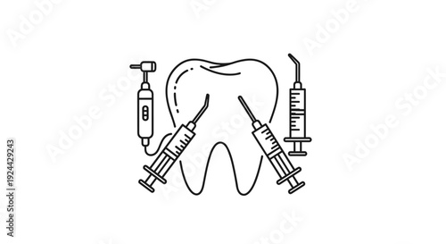 Dental Tools And Tooth Line Art
