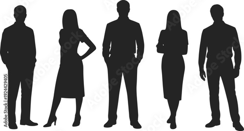Business people silhouettes collection, confident corporate men and women standing in formal attire, isolated vector illustration on white background for office concept