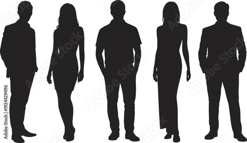 Business people silhouettes set, men and women standing in formal wear, corporate team isolated vector illustration on white background