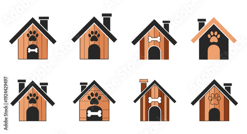 Collection Of Dog Houses With Paw Prints And Bones