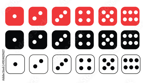 Casino dice icon collection, red, black, white dice, one to six dot faces, game dice symbols, vector illustration bundle.