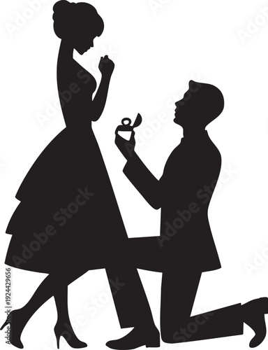 Man proposing marriage to woman with engagement ring silhouette illustration for romantic concept isolated on white background