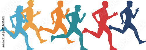 Colorful running people silhouettes set, men and women jogging in motion, dynamic fitness vector illustration isolated on white background for healthy lifestyle concept