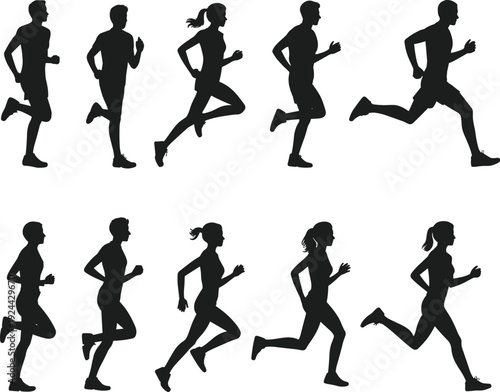Running men and women silhouettes collection, athletes jogging and sprinting in different poses, black vector illustration isolated on white background for fitness design