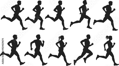 Running men and women silhouettes big set, athletes jogging and sprinting in motion, black vector illustration isolated on white background for fitness design