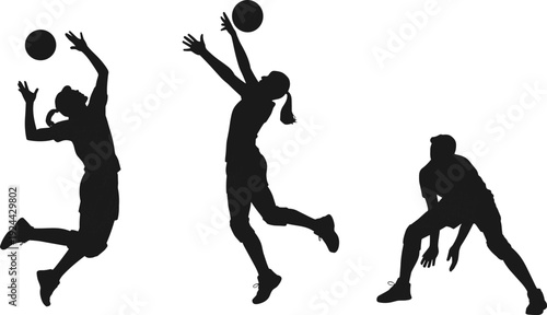 Women volleyball players silhouettes set, female athletes serving, jumping and digging ball, isolated black vector illustration on white background for sports design