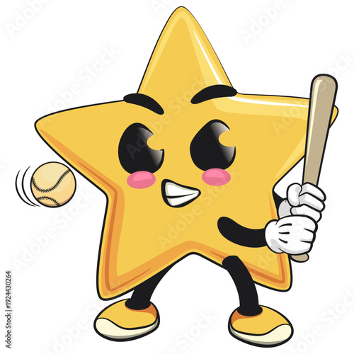 cute star mascot character playing baseball ready to hit the ball with the bat, isolated vector illustration, work of hand drawn
