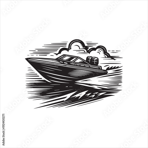 A black and white vector illustration of a speedboat in motion, with a stylized background and abstract lines conveying a sense of movement, against a clean white background.