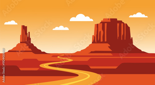 Vector Illustration of Vibrant Desert Sunset with Winding Road and Red Rock Formations